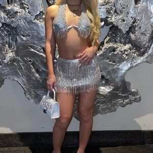 Silver Fringe Mini Skirt and top